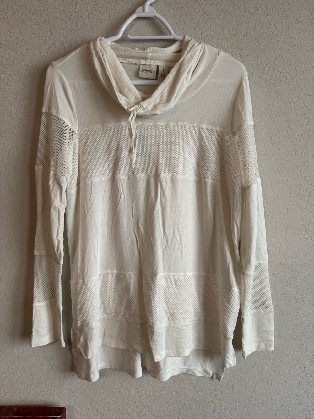 Chicos Zenergy Mesh Insert Cowl Neck Top